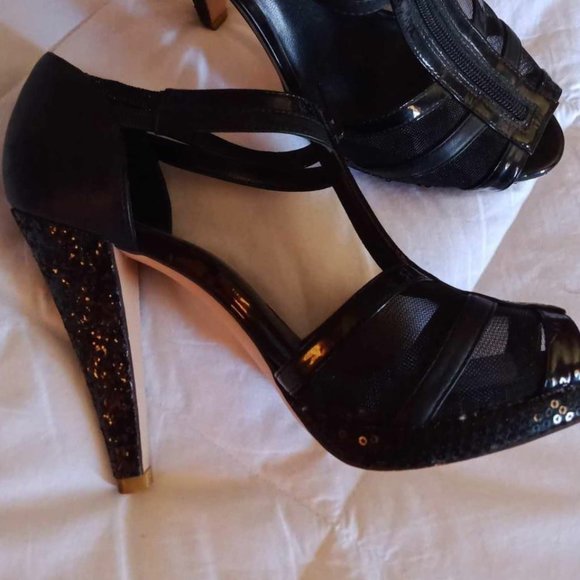 Shoes of Prey Deluxe Custom sequins zipper T-bar sexy black heels - Picture 6 of 7